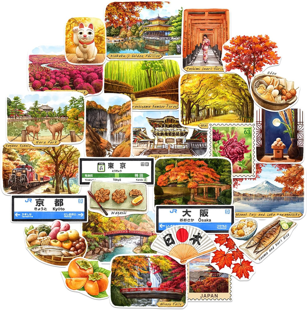 Autumn in Japan Travel Stickers (28Pcs)-Watercolor, Japanese Maple, Fall Foliage