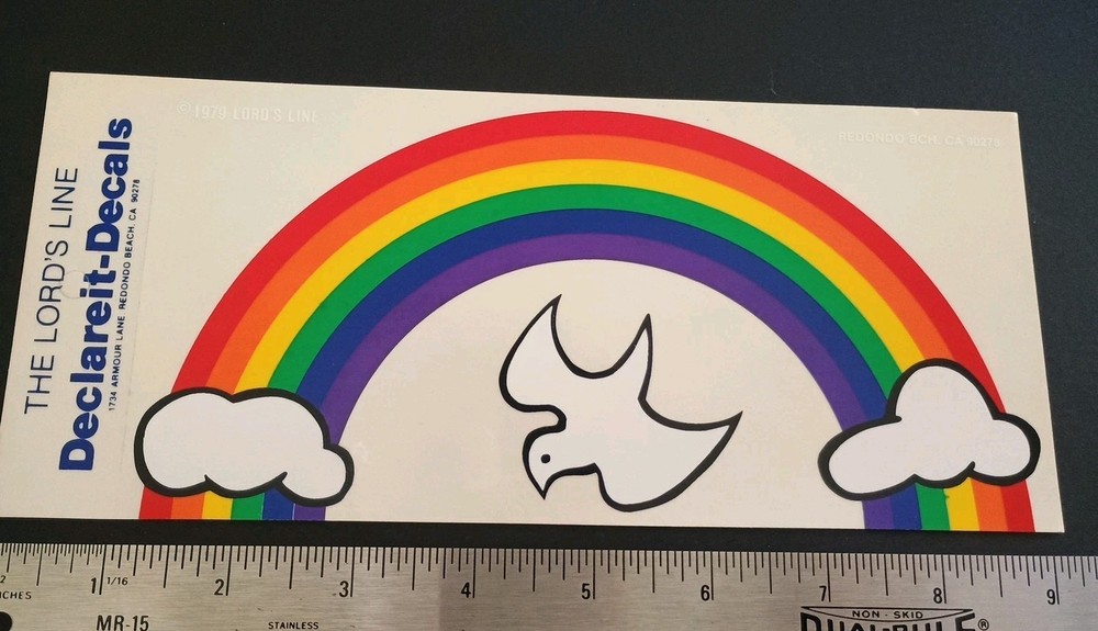 Vintage Stickers Rainbow Clouds Clear Decal Bumper Sticker Religious Jesus 1979