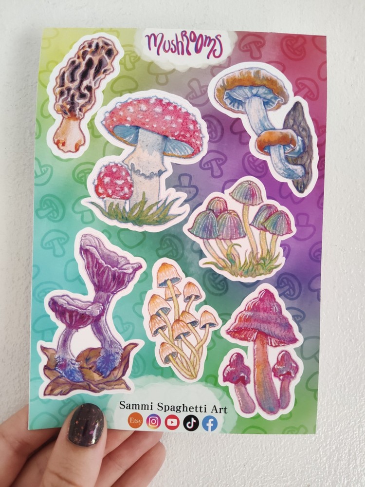 Rainbow Vibrant Mushroom Sticker Sheet – Original Art by SammiSpaghettiArt