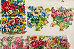 VTG VICTORIAN SCRAP PZB ROSE BASKETS VASES EMBOSSED DIECUT GERMANY
