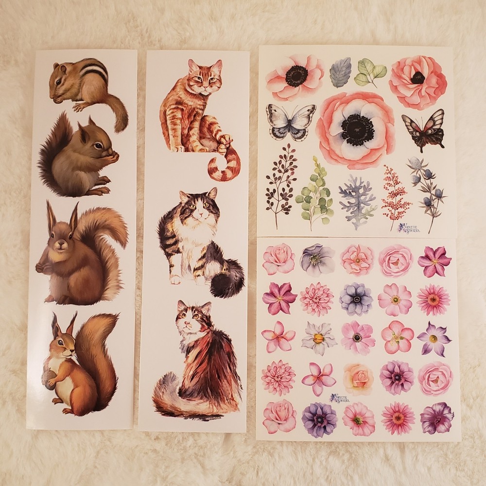 Four Violette Sticker Brand Lot – Squirrels, Cats and Pastel Flowers