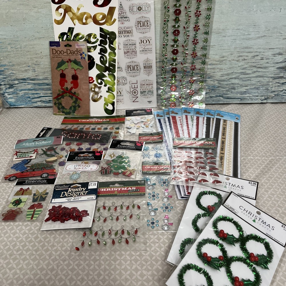 christmas scrapbooking lot Of 25 Packs Stickers, Ribbon, Jewels & More