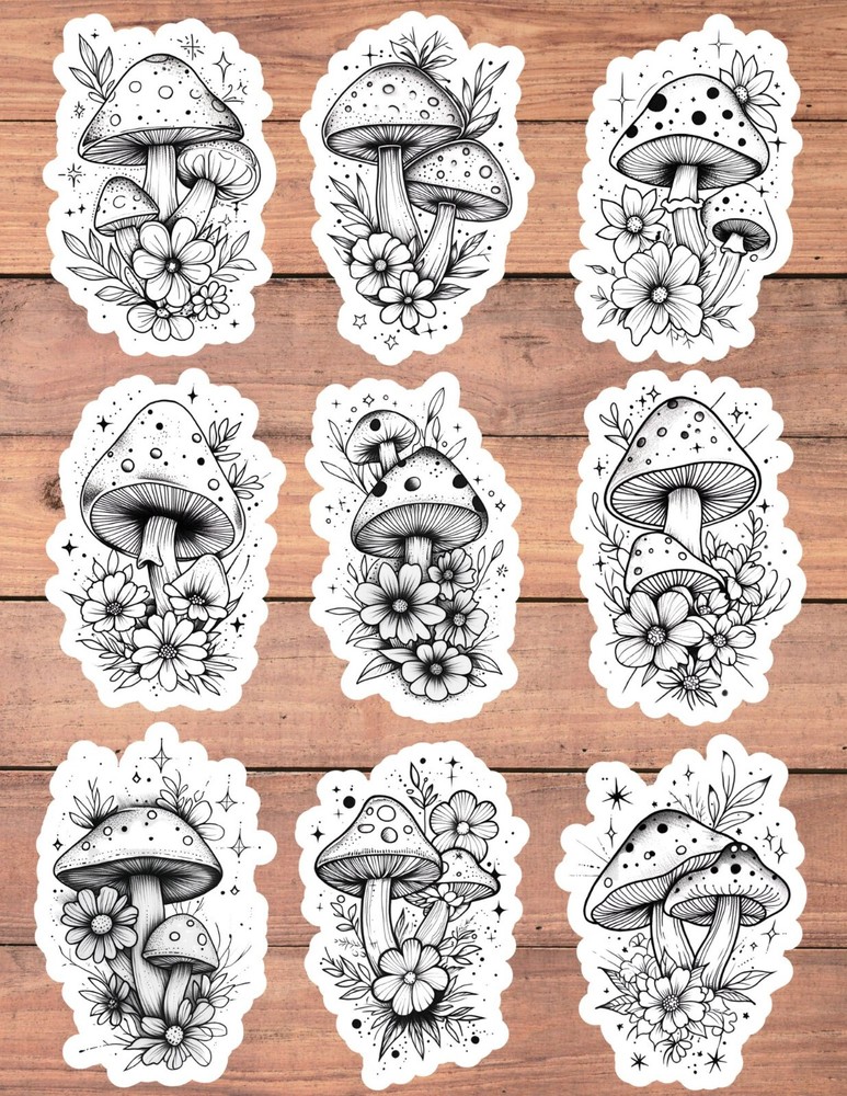 Black and White Mushroom Vinyl Stickers Set Scrapbooking Laptop Waterbottle