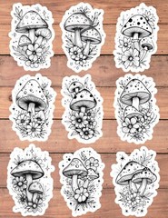 Black and White Mushroom Vinyl Stickers Set Scrapbooking Laptop Waterbottle