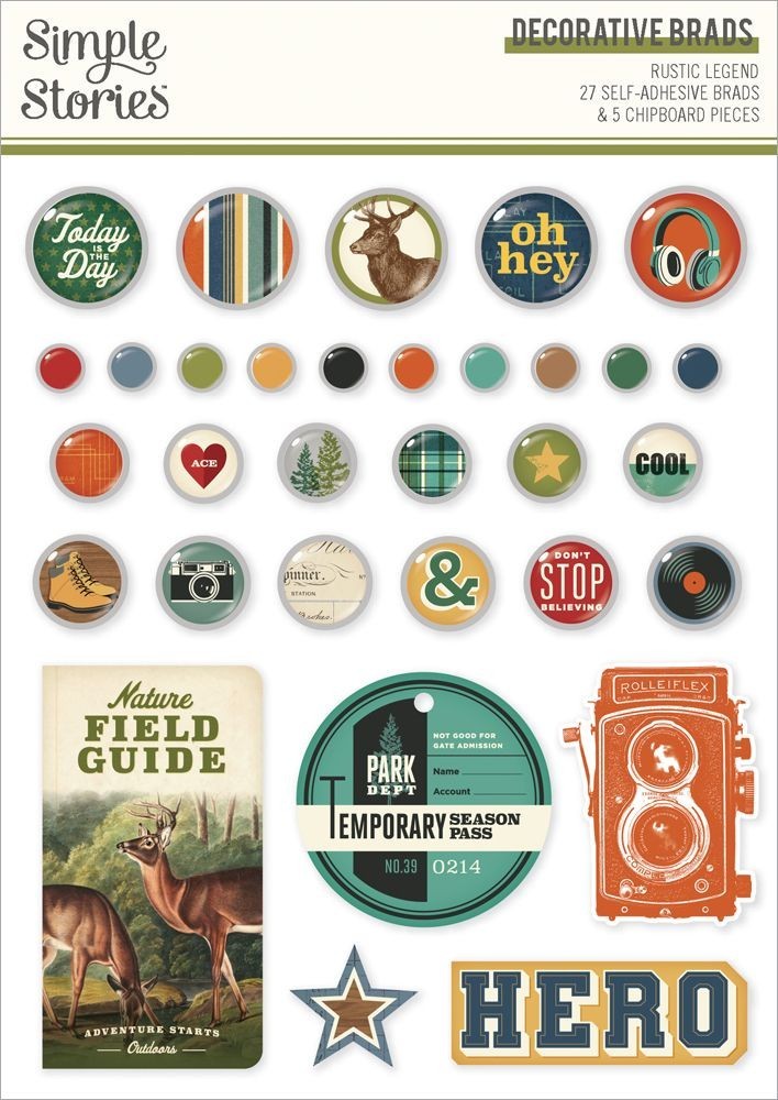 Decorative Brads SS Color Rustic Legend Vintage Camera Field Guide Deer Hero