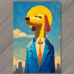 STICKER Dog Suit Red Yellow Tie Blue Coat Bright Sun Backdrop Tall City