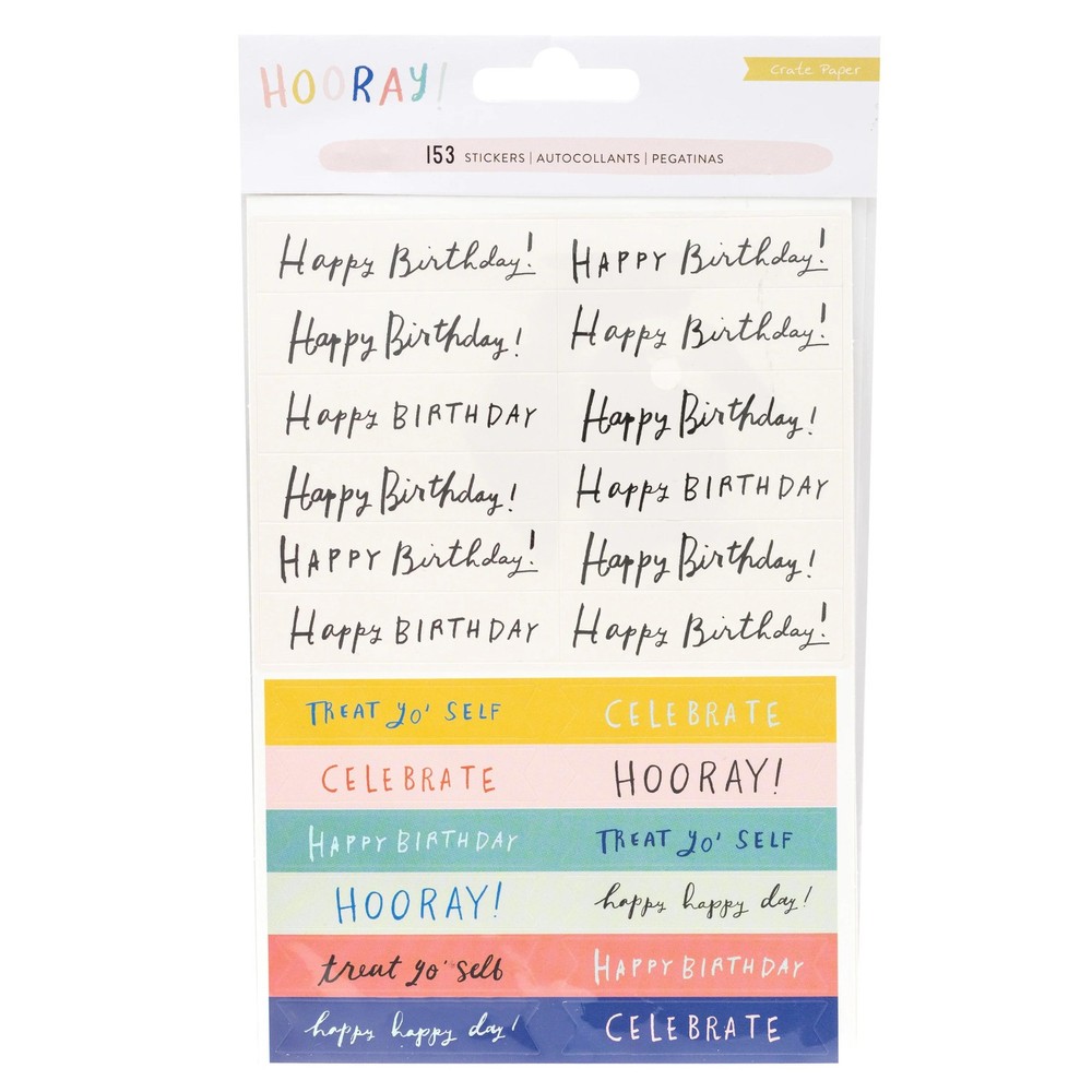 Crate Paper HOORAY! PHRASES (153) Stickers (4) Sheets scrapbooking BIRTHDAY