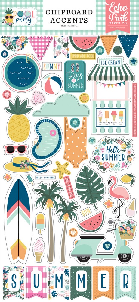 Echo Park Paper POOL PARTY 6×13 Sheet of Chipboard Accents