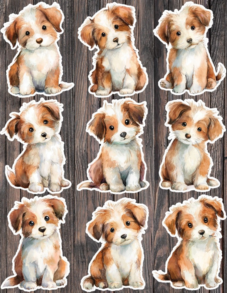 Brown and White Puppy Dog Vinyl Stickers Set Scrapbooking Laptop Water Bottle