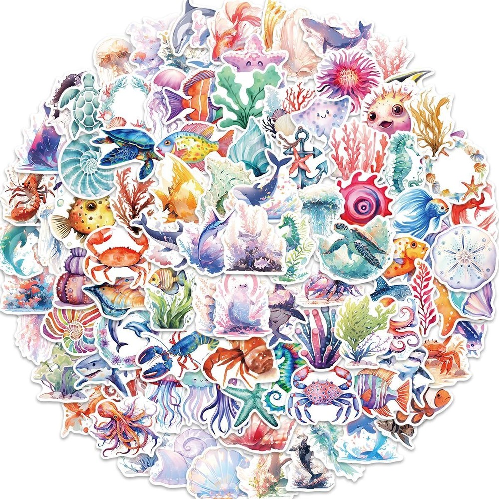 100Pcs Marine Life Stickers for Water Bottles, Fish, Jellyfish, Multi Color