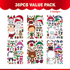 36 Pcs Christmas Make-A-Face Sticker Sheets Make Your Own Xmas Characters Mix an