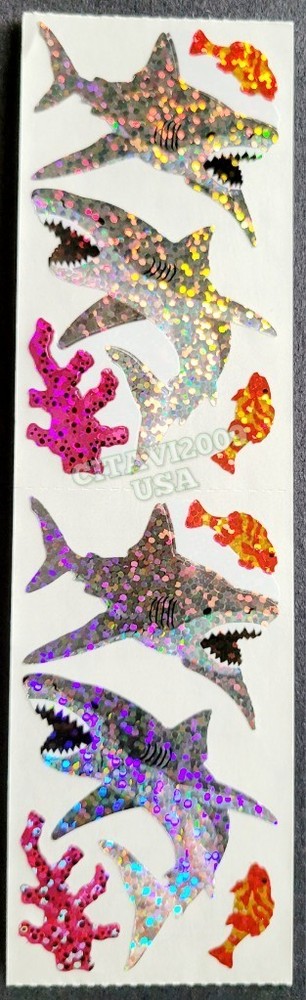 HAMBLY STUDIOS STICKERS PRISMATIC GLITTER GREY SHARK PINK CORAL FISH VINTAGE