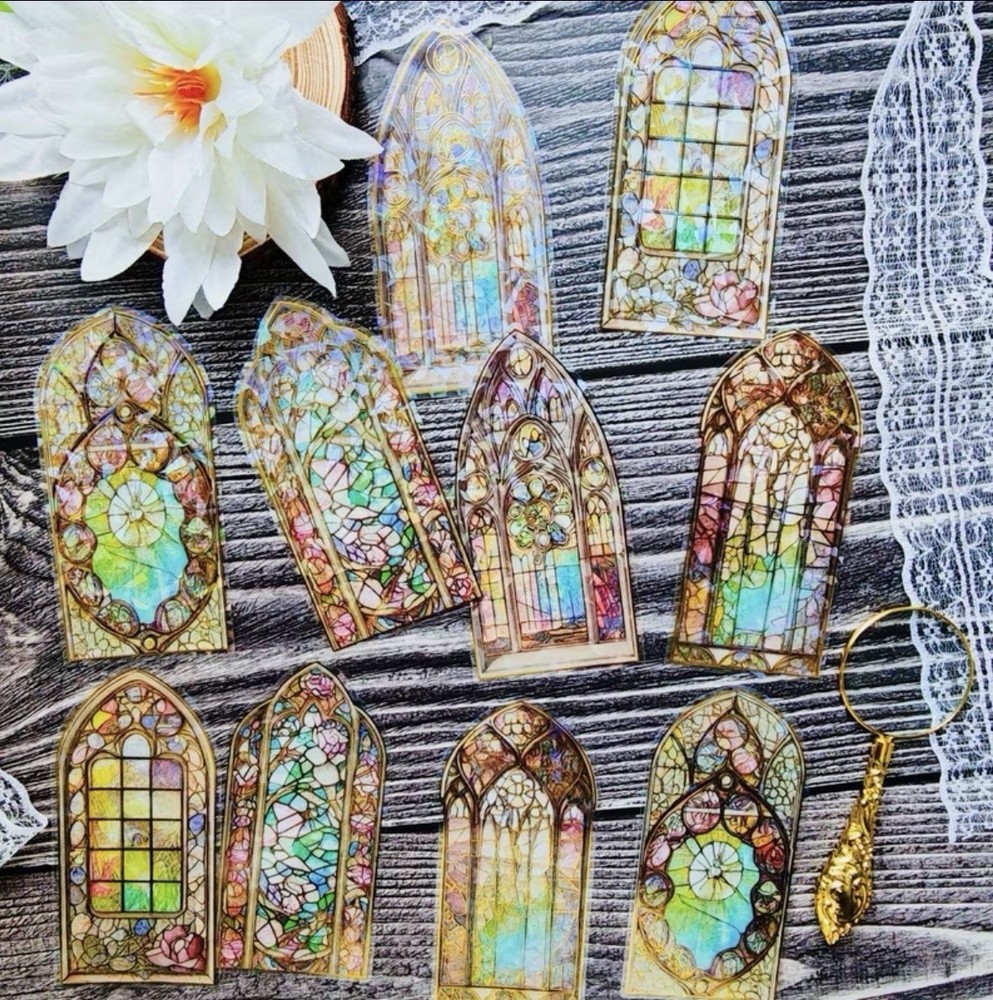 10PC XL P.E.T. Stained Glass Church Window Stickers -Mix Pack- DIY Crafts