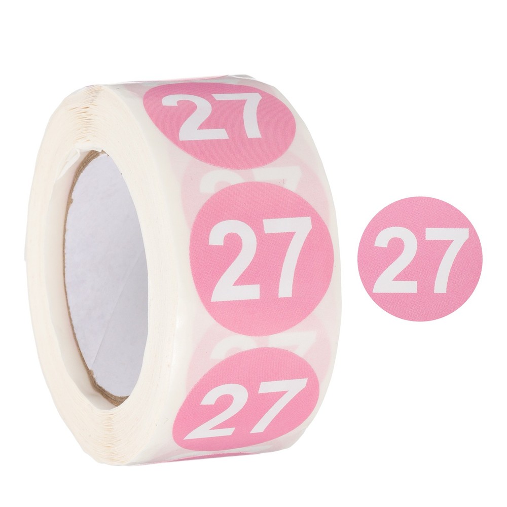 Number 27 Stickers 1″ Round Coded Self-Adhesive Labels Pink 500Pcs/Roll