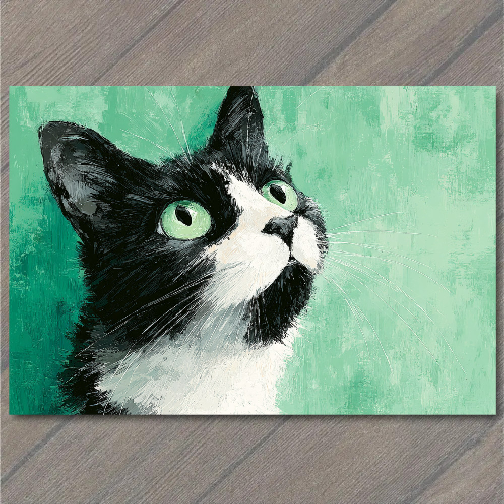 STICKER Black White Cat Green Eyes Painterly Pet Animal Portrait