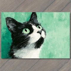 STICKER Black White Cat Green Eyes Painterly Pet Animal Portrait