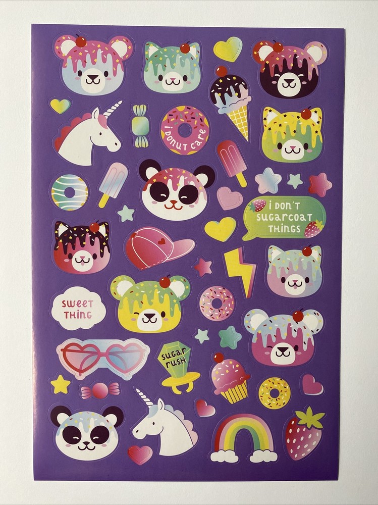 Panda Cat Cuties Stickers Single Sheet Unicorn Rainbow Ice Cream Donuts Sweets