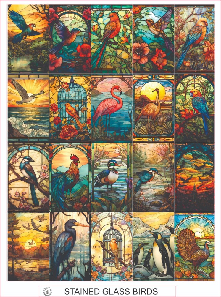 STAINED GLASS BIRDS – COMPLETE SHEET OF 20 STICKERS