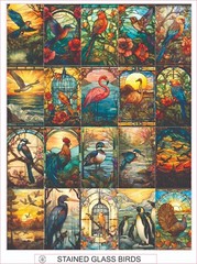 STAINED GLASS BIRDS – COMPLETE SHEET OF 20 STICKERS