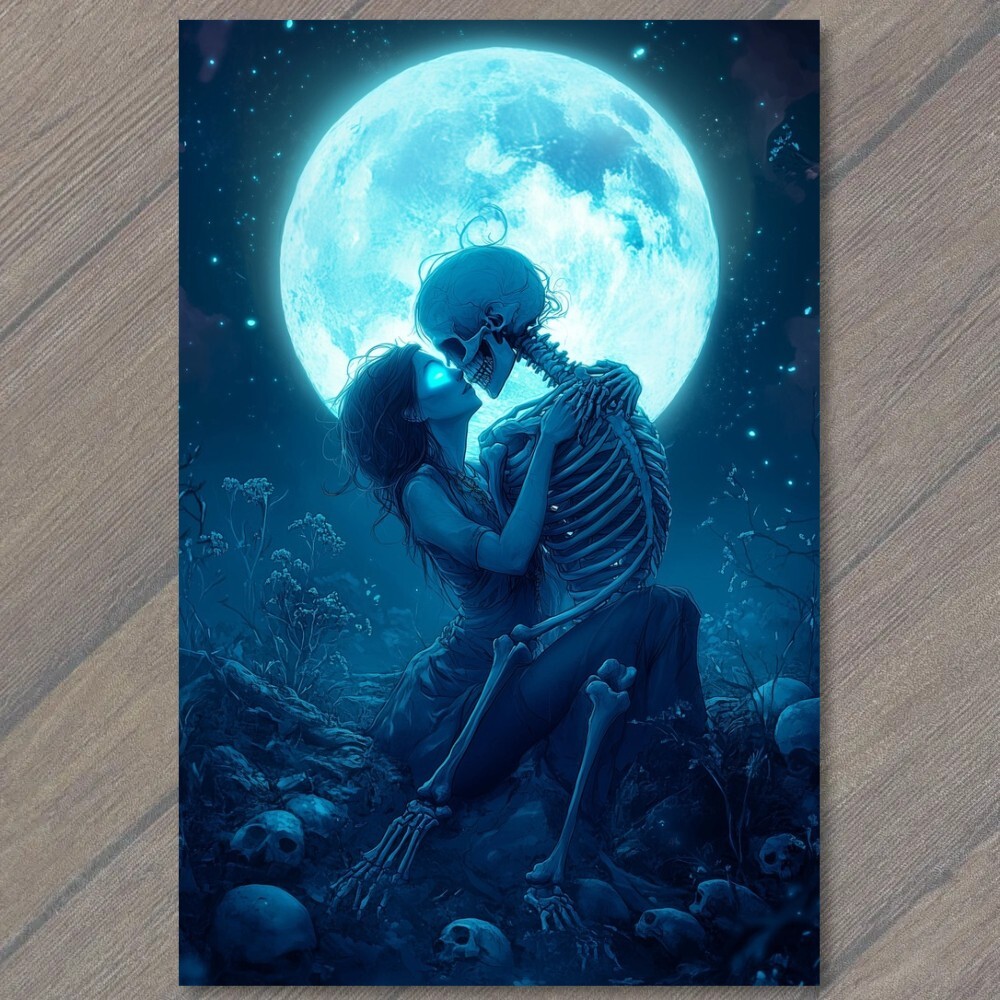 STICKER Skeleton Kissing Woman in Blue Fantasy Romantic Gothic Style Design