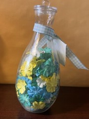 Portafolia paper flowers Mixed Plastic Jar of Yellow Blue Teal and White Flowers