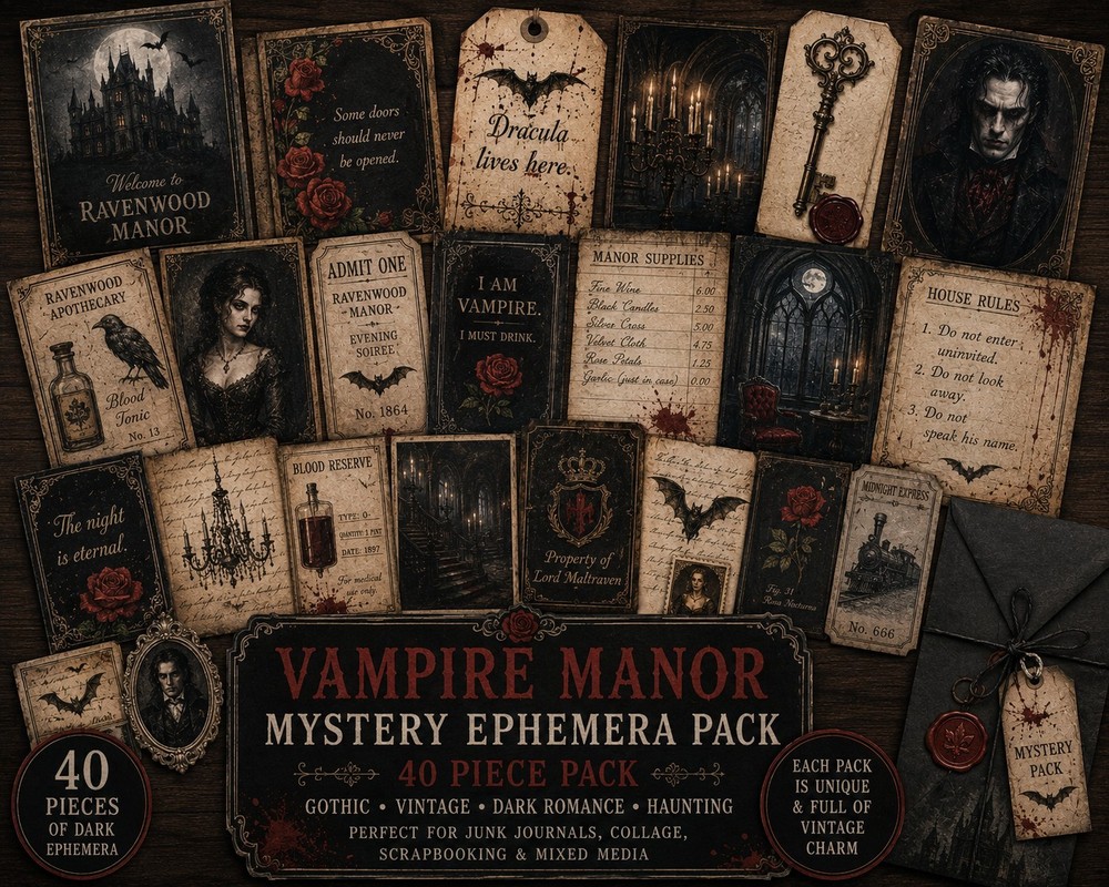 Vampire Manor Mystery Ephemera Pack – 40 Pieces – Gothic Bundle Ephemera Pack