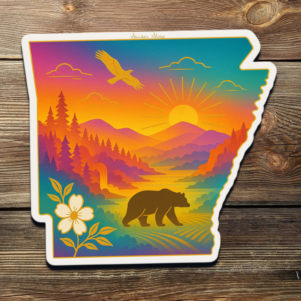 Arkansas Sticker – Gold Foil Scenic Bear Art with Mountains, Sunset & Forest