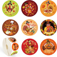 1000 PCS Thanksgiving Turkey Stickers Roll – 8 Designs Self-Adhesive Paper Decal