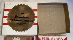 Vintage Dennison 30 GOLD Foil Gummed Stars & Box & Empty NOTARIAL SEAL Boxes
