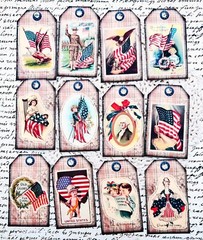 Handmade Set of 12 Vintage 4th of July Patriotic USA Flag Ephemera Tags