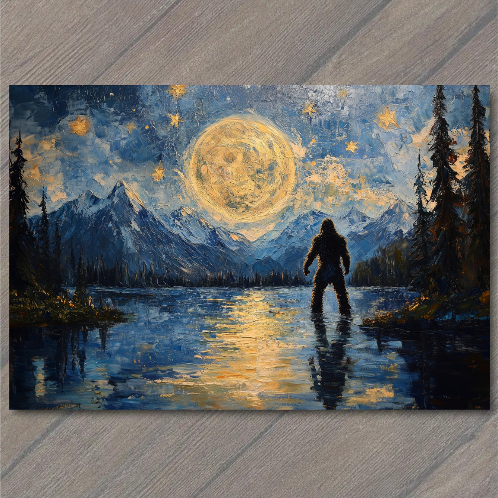 STICKER Bigfoot Under Starry Sky Majestic Night Scene Lake Forest Mountains