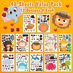 48 Sheets Make-A-Face Animal Stickers Mix and Match for Kids Party Favors Suppli