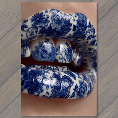 STICKER Porcelain Lips Nails Blue Floral Pattern Glossy Detailed Closeup