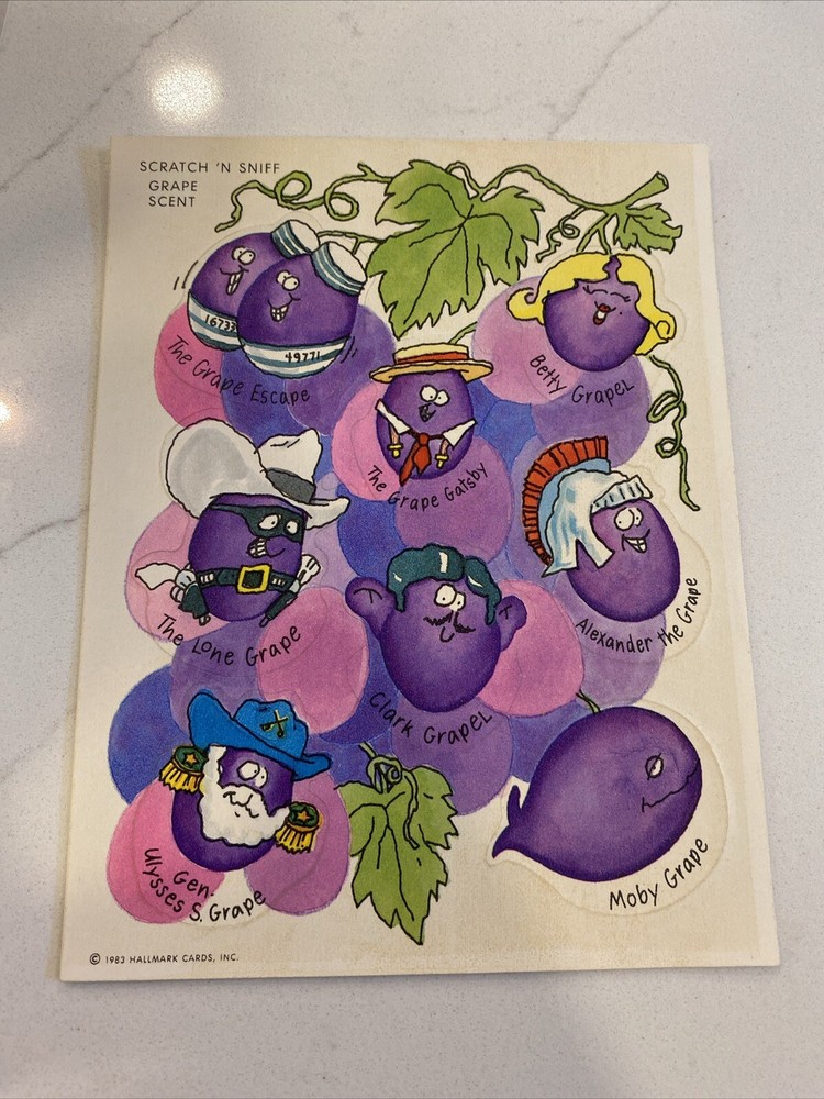 Hallmark Silly Scents Grape Scratch Sniff 1983 Famous Grapes RARE One Sheet