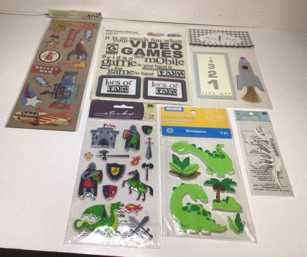 Boy Theme Scrapbook Rub Ons Stickers Dinosaur Video Game Rocket Medieval 6 Packs