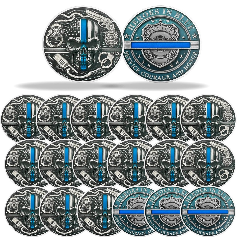 Police Challenge Coin, Thin Blue Line Skull Police Officers Prayer Coin Law E…