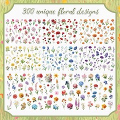 300pcs Transparent Flower Stickers Floral Decals Scrapbook Journaling Bible