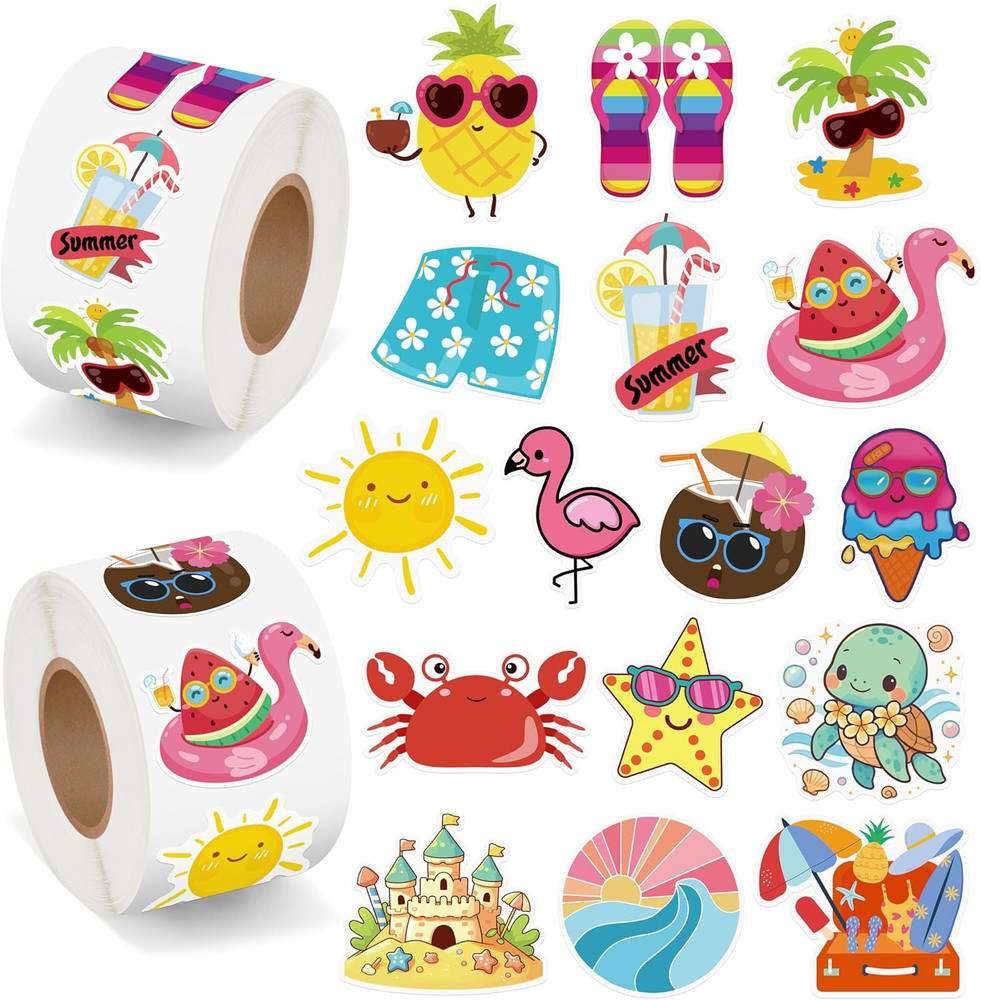 1000Pcs Summer Stickers for Kids, 2 Rolls Hawaiian Tropical Beach Self Adhesive