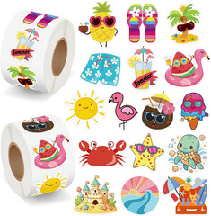 1000Pcs Summer Stickers for Kids, 2 Rolls Hawaiian Tropical Beach Self Adhesive