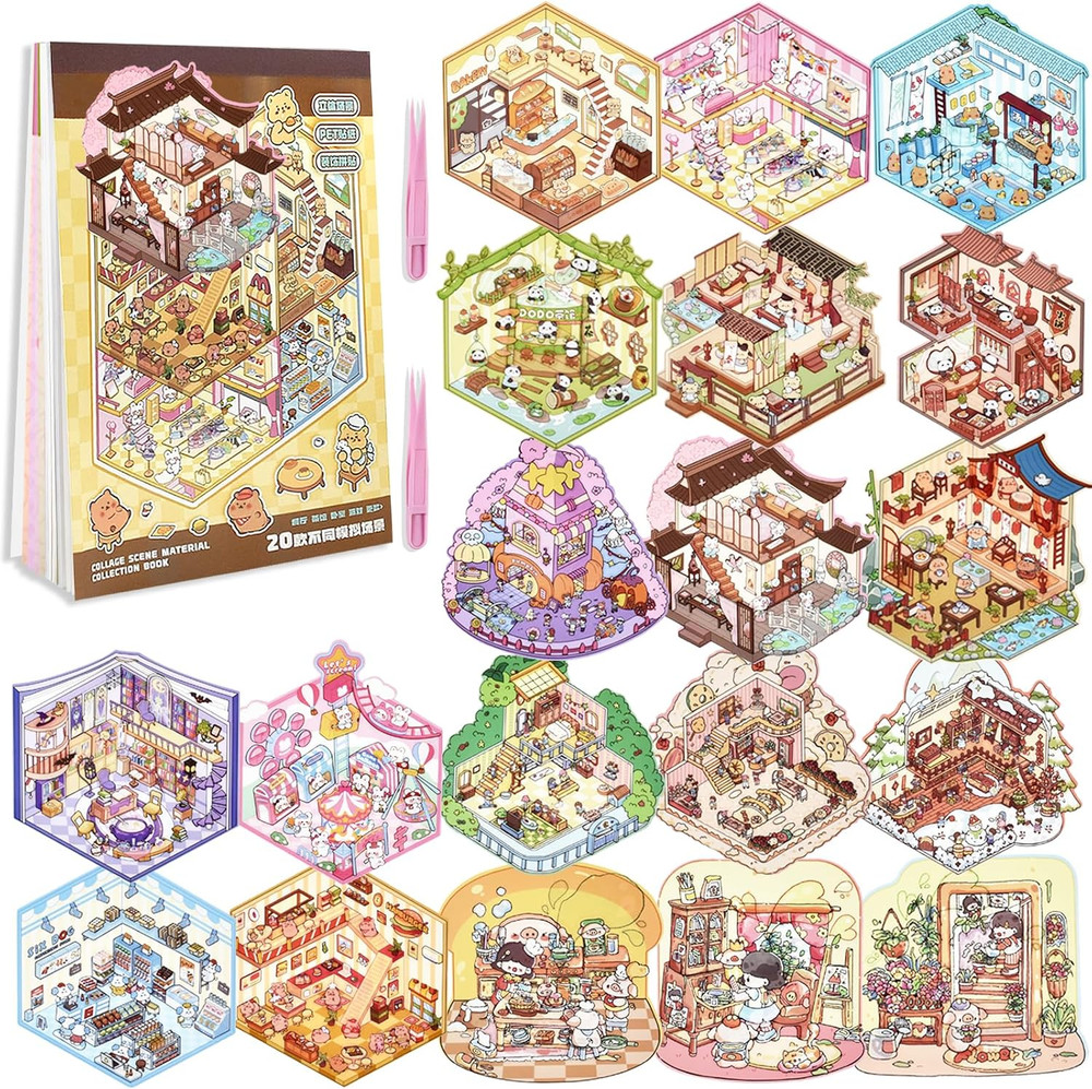 20 Sets DIY 3D Sticker Scene Collection Book DIY 3D House Stickers Make Your Own