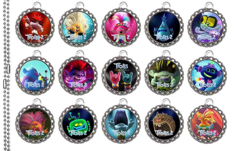 15 Trolls World Tour Silver Flat Bottle Cap Necklaces Set 1