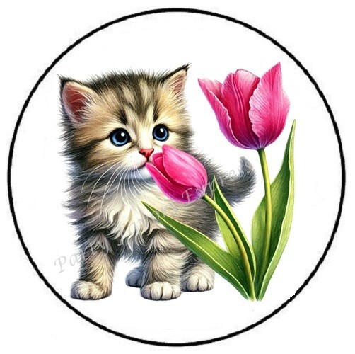 KITTEN WITH TULIPS FLOWERS ENVELOPE SEALS LABELS STICKERS PARTY FAVORS