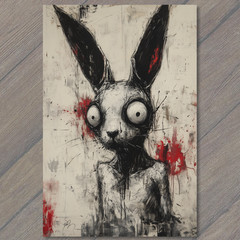 STICKER Crazy Eyed Bunny Horror Red Splatter Creepy Rabbit Distressed Look