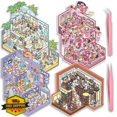 4 Sets Big DIY 3D Sticker Scene Book Kids Adults Miniature Room House