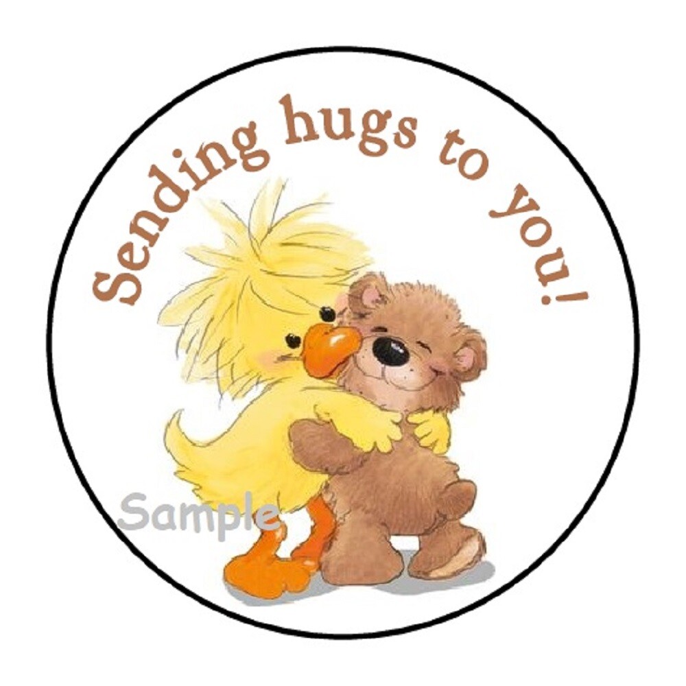 30 SENDING HUGS TO YOU ENVELOPE SEALS LABELS STICKERS 1.5″ ROUND DUCK TEDDY BEAR