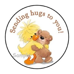 30 SENDING HUGS TO YOU ENVELOPE SEALS LABELS STICKERS 1.5″ ROUND DUCK TEDDY BEAR