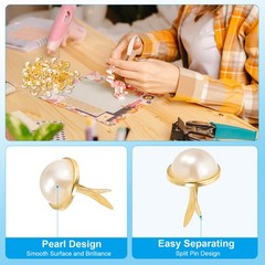 100 Pcs Brads Paper Fasteners Mini Metal Pearl Fastener, Gold Tone, 0.7″x0.5″