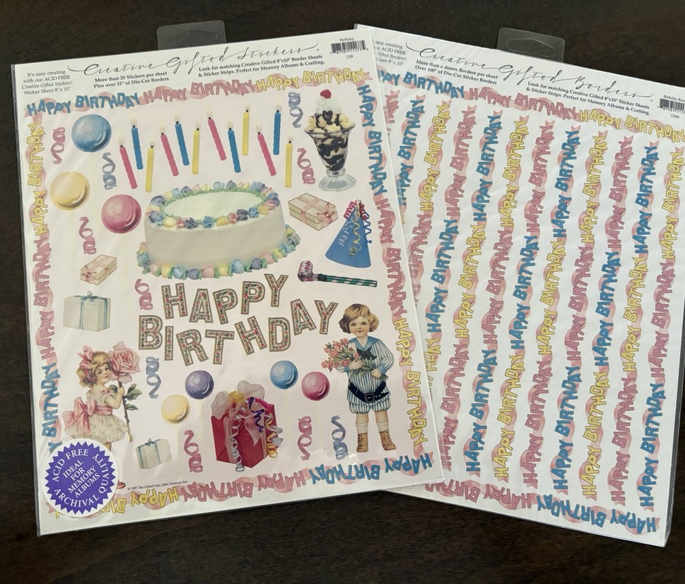 Vintage Gifted Line Birthday Stickers-2 large sheets