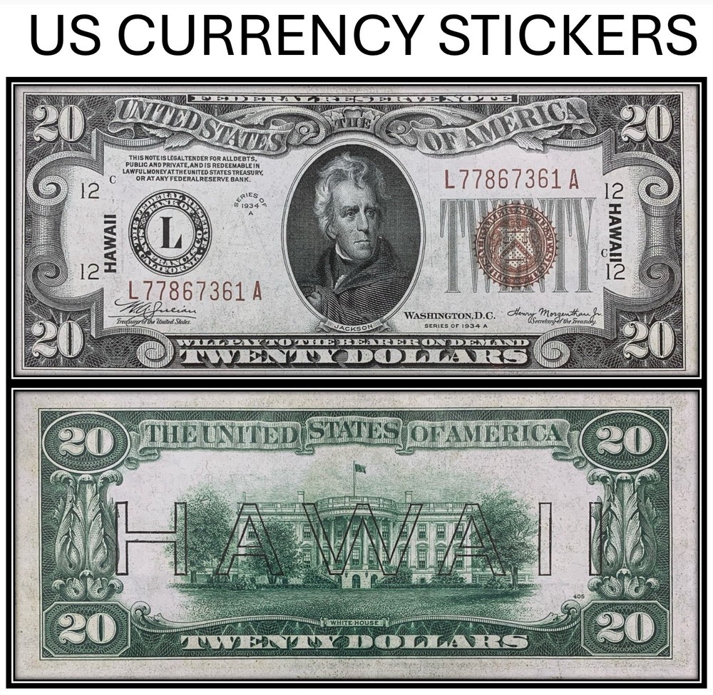 $20 Dollar 1934-A Federal Reserve Note “Hawaii” (US CURRENCY STICKERS) Lot Of 1
