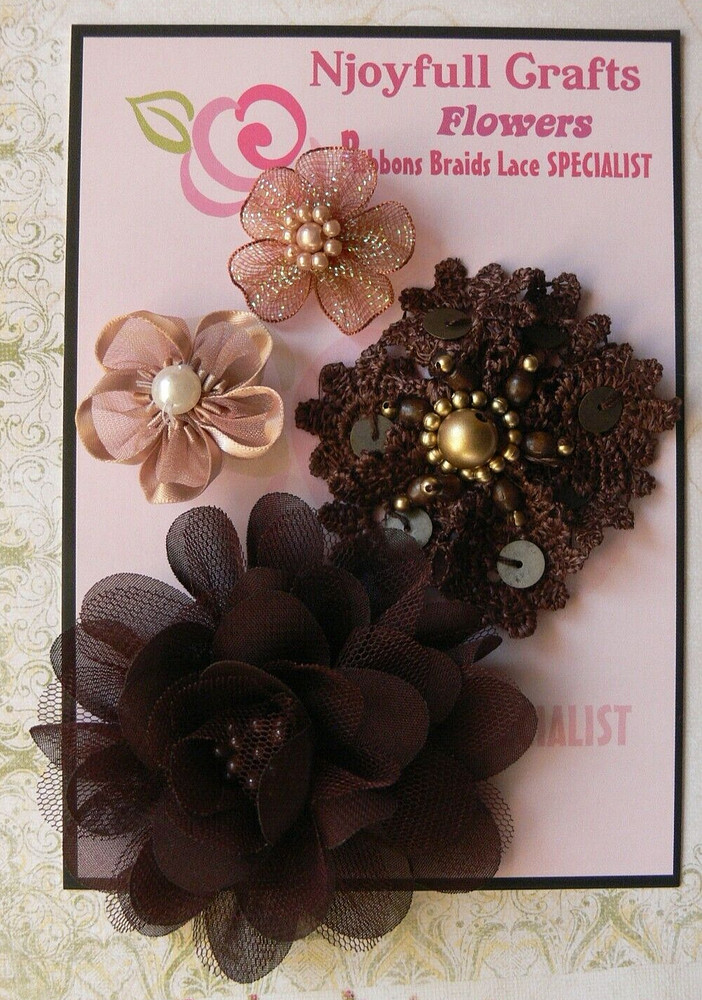 LATTE BROWN BLEND 4 Flower Mix Organza & Lace 30-80mm Handmade NJC HMI-1